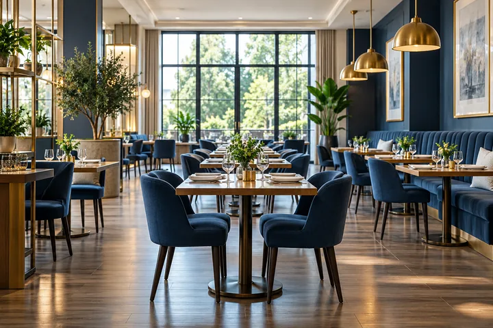 Restaurante ilustrativo con mesas ordenadas y pisos limpios