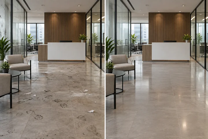 AI-generated illustrative before-and-after comparison for Commercial Cleaning Services; not an actual company project