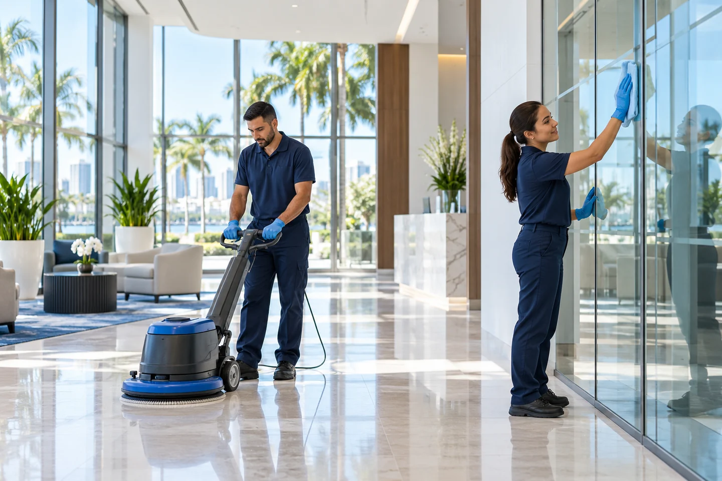 AI-generated illustration of cleaners maintaining a commercial lobby; not an actual company project or team photograph