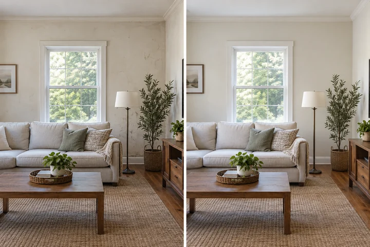 AI-generated illustrative before-and-after comparison for Painting Services; not an actual company project
