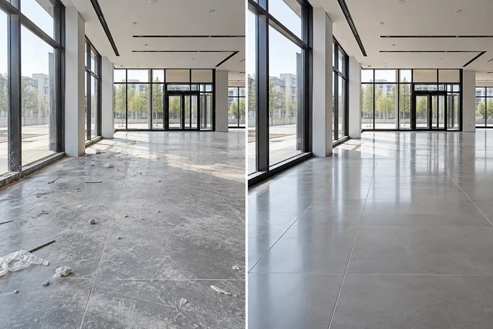AI-generated illustrative before-and-after comparison for Post-Construction Cleaning Services; not an actual company project
