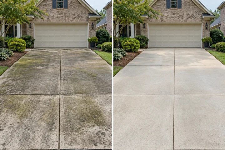 AI-generated illustrative before-and-after comparison for Pressure Washing Services; not an actual company project