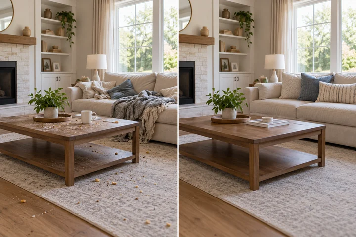 AI-generated illustrative before-and-after comparison for Residential Cleaning Services; not an actual company project